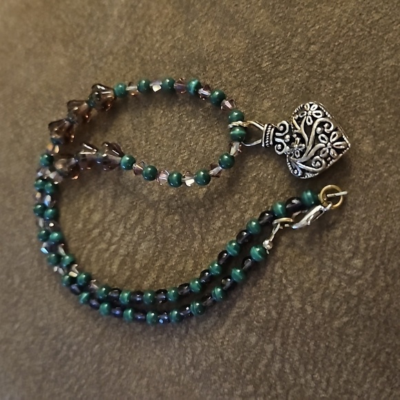 HANDMADE Malachite Swarovski Crystal Tulip Czech Glass Heart Pendant Necklace - Picture 5 of 5